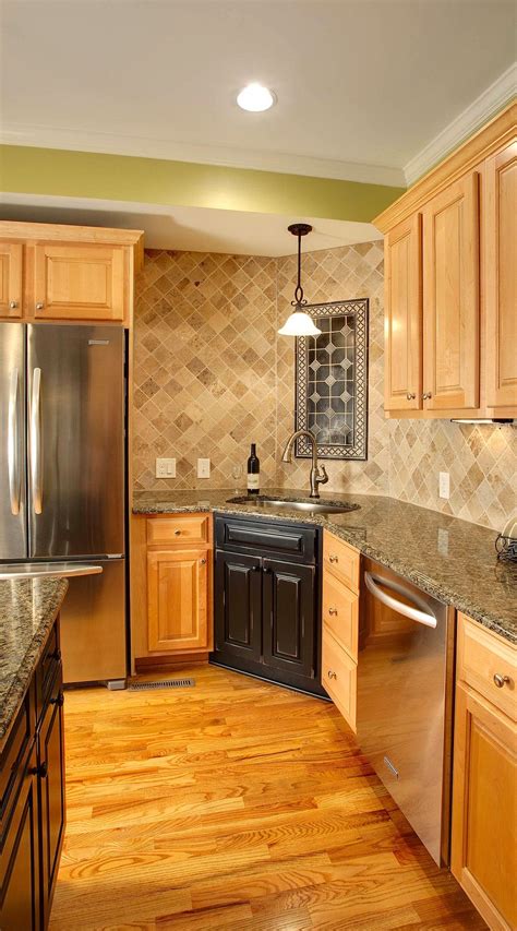 steel grey granite with honey oak cabinets|backsplash for honey oak cabinets.